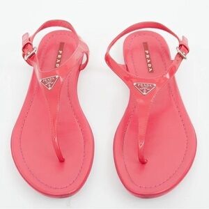 Prada Triangle Logo T Strap Patent Leather Pink Thong Flat Sandals